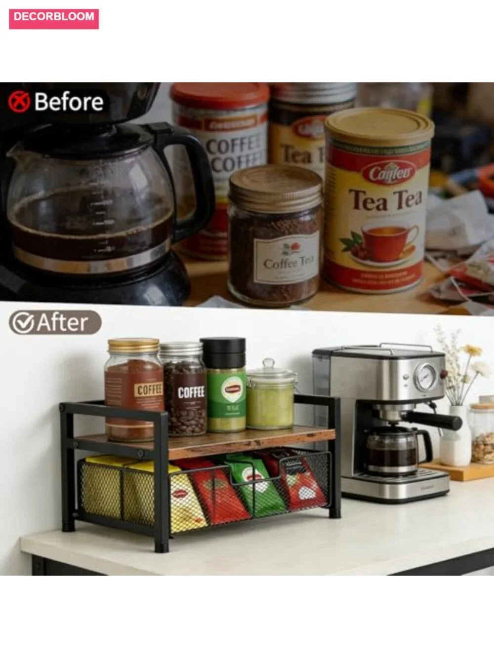 Wooden Tea Bag Organizer with 8-Compartment Pull-Out Drawer